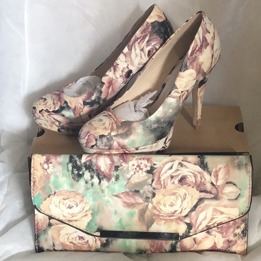 Floral platform heels with matching envelope purse